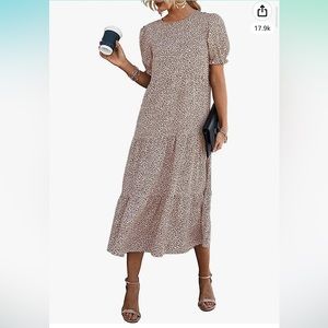 NWT Women's Casual Boho Dress Ruffle Puff Sleeve High Waist Midi Beach Dress